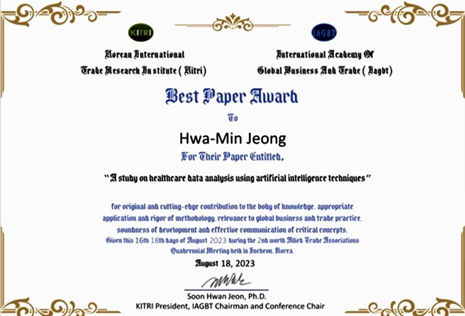 Best Paper Award — AI 기반 헬스케어 데이터 분석 연구 논문 최우수상 (대표 정화민)