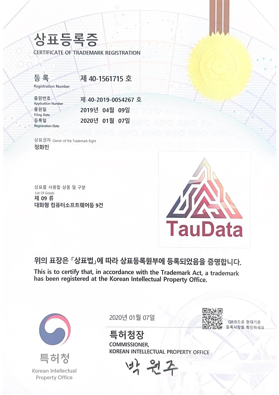 Taudata 상표등록증 — 대화형 컴퓨터소프트웨어 등 9건 (제09류) · 브랜드 상표권